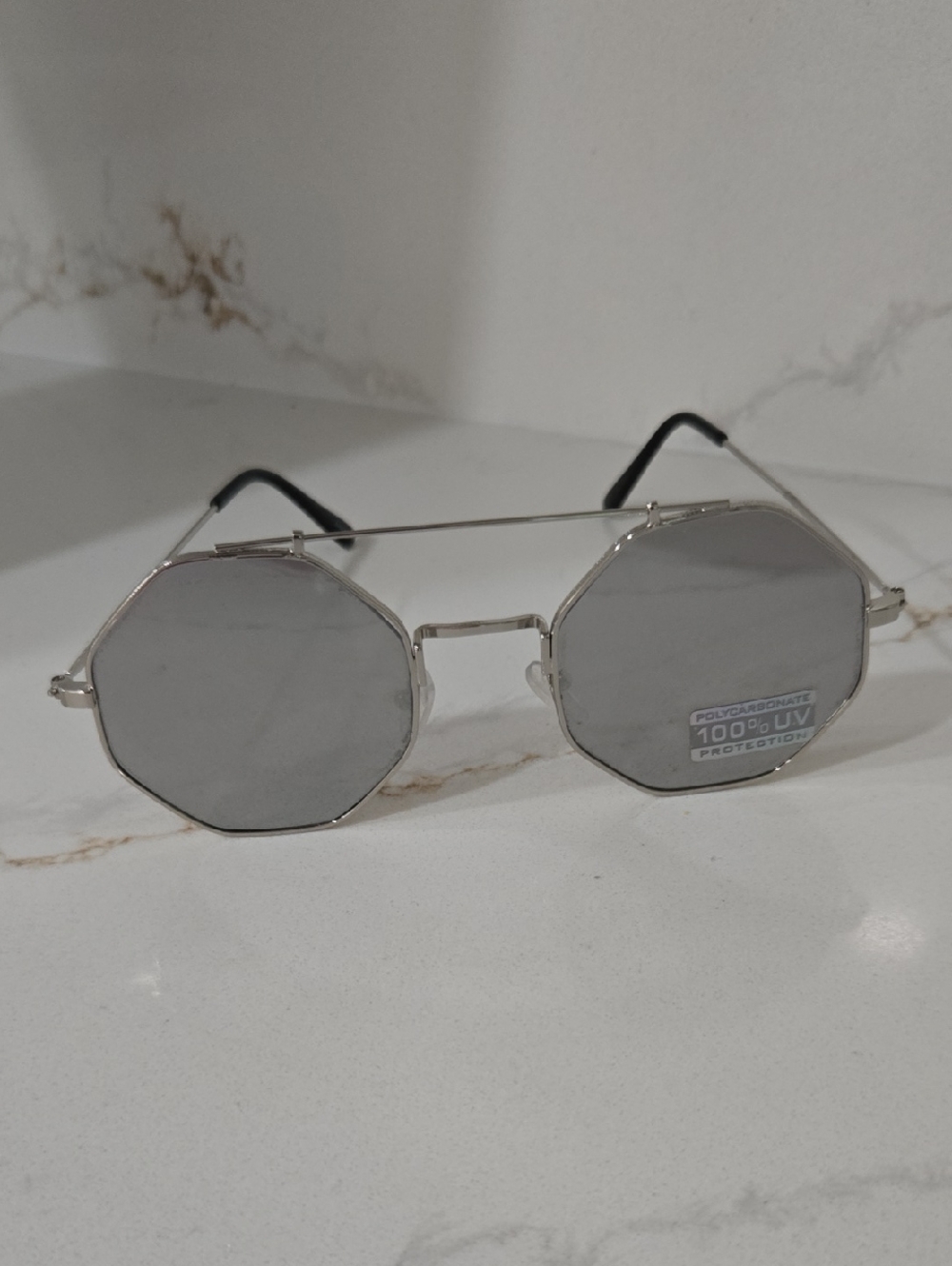 Octagonal Metal Frame Sunglasses in Silver with Gray Lenses